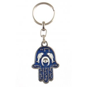 Hamsa Keychain with Fish, Horseshoe and Hebrew Chai - Blue