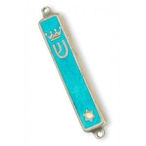 Small Gold Plated Mezuzah Case, Crown and Star of David - Turquoise