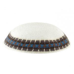 White Knitted DMC Kippah - Gray and Light Blue Border