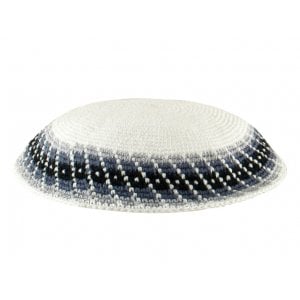 White Knitted DMC Kippah - Blue Diagonal Design