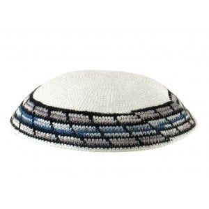 White Knitted DMC Kippah with border in shades of gray and blue