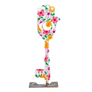 Tzuki Art Hand Painted Flower Decorated Key Hamsa on Stand - Shades of Pink