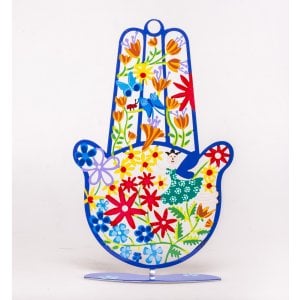 Tzuki Art Hand Painted Hamsa with Stand Flower Display - Blue Frame