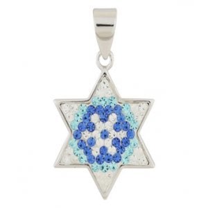 Gold Filled Star of David Pendant - Blue-White Crystals