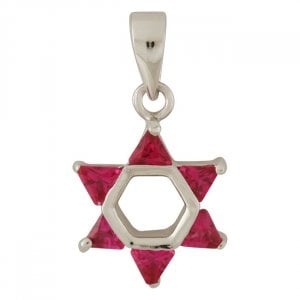 Rhodium Plated Red Stone Star of David Pendant