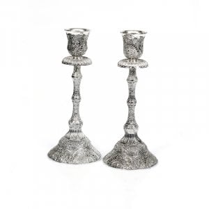 Silver Plated Stem Shabbat Candlesticks, Filigree Design - Eight Inches Height