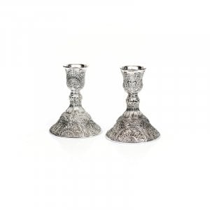 Silver Plated Small Shabbat Candlesticks, Filigree Design - 4 Inches