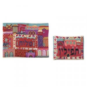 Yair Emanuel Raw Cotton Blue Tallit & Tefillin Bag Embroidered Jerusalem Scenes