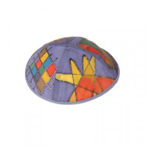 Yair Emanuel Hand Painted Silk Kippah, Violet - Judaica Motifs