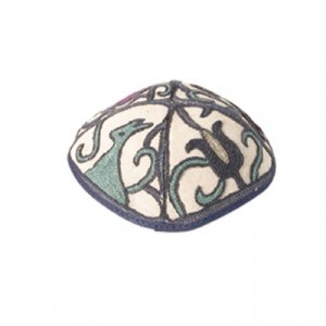 Yair Emanuel Hand Embroidered Cotton Kippah, Blue - Birds & Flowers