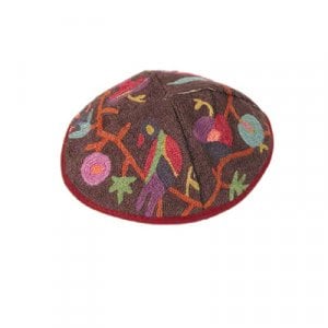 Yair Emanuel Hand Embroidered Cotton Kippah, Burgundy - Birds and Flowers