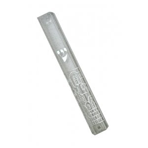 Transparent Plastic Mezuzah Case with Silver Jerusalem Design - Silver Shin