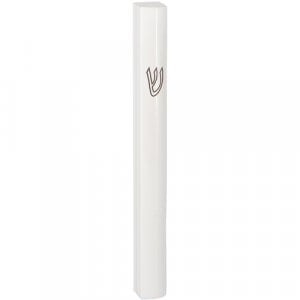 Rounded White Aluminum Mezuzah Case - Black "Shin" Outline