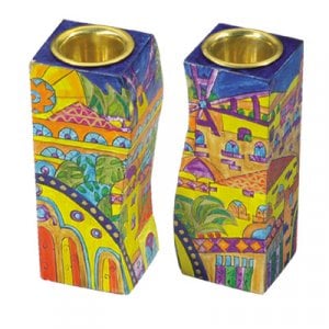 Yair Emanuel Hand-Painted Wood Fitted Candlesticks - Golden Jerusalem