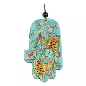 Yair Emanuel Hand Painted Wood Wall Hamsa - Colorful Peacocks