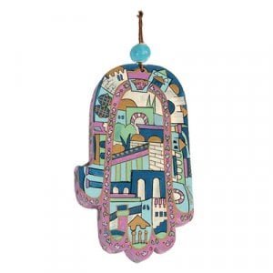 Yair Emanuel Hand Painted Wood Wall Hamsa, Blue - Jerusalem