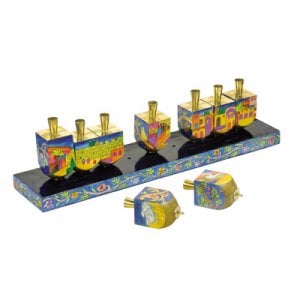 Yair Emanuel Painted Wood Dreidel Hanukkah Menorah - Jerusalem Images