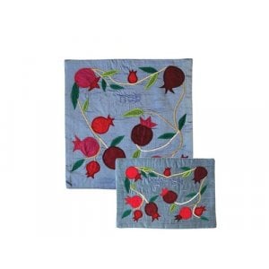 Yair Emanuel Silk Applique Matzah Cover & Afikoman Bag - Pomegranates on Blue