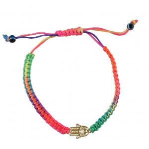 Neon Multicolor Braided Cord Bracelet - Gold Hamsa