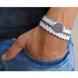 White Cord Bracelet for Men with Coin Element