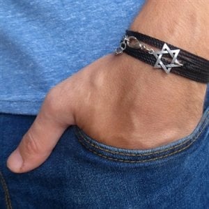 Thin Black Rope Bracelet with Silver Plated Star of David