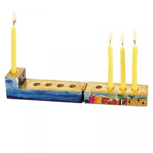 Yair Emanuel Hand Painted Compact Wood Hanukkah Menorah - Jerusalem Images