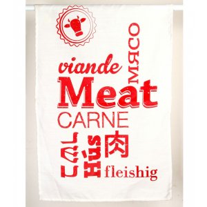 Barbara Shaw Red Linen Dish Towel - “Meat” in various languages