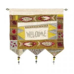 Yair Emanuel Silk Applique Welcome Gold Wall Hanging, Fish - English