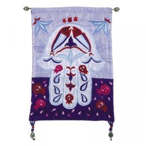 Yair Emanuel Small Hamsa Wall Hanging, Appliqued Silk - Pomegranates and Leaves