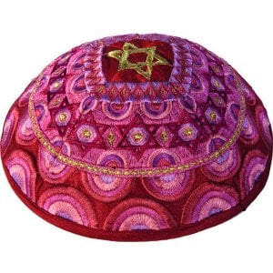 Yair Emanuel Embroidered Kippah, Stars of David - Pink & Gold