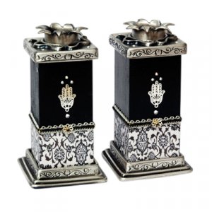 Ester Shahaf Black-White Hamsa Candlesticks