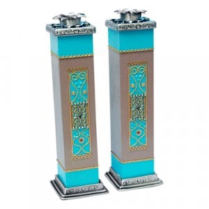 Ester Shahaf Turquoise Wood-Pewter Candlesticks