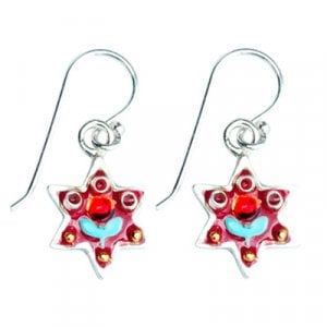 Silver Star of David Earrings with Red Flower by Ester Shahaf
