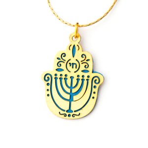 Ester Shahaf Blue Menorah Hamsa Necklace