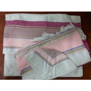 Gabrieli silk Tallit Set in White with Shades of Pink
