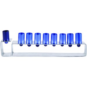 Yair Emanuel Hanukkah Menorah, Silver Frame with Cylindrical Cups - Blue