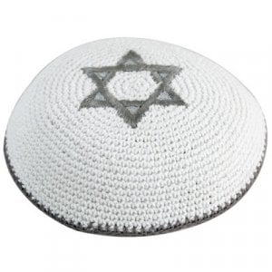 White Knitted Kippah with Silver Star of David