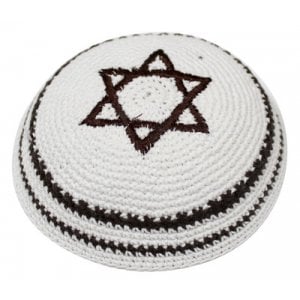 White Knitted DMC Kippah - Gray and tan diagonal border | aJudaica.com