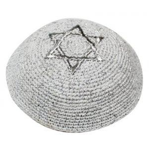 White-Silver Knitted Kippah with Silver Star of David