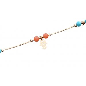 Anklet, Gold Rhodium with Blue and Orange Beads and Hamsa