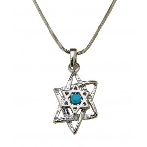 Pendant Necklace - Double Star of David with Blue Stone