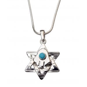 Pendant Necklace Star of David with Hamsa and Blue Stone