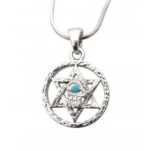 Pendant Necklace, Star of David in Circle with Hamsa and Blue Stone - Silver