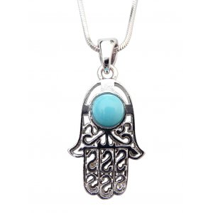 Rhodium Pendant Necklace - Hamsa with Blue Stone