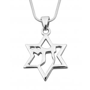 Rhodium Pendant Necklace Silver Star of David with Chai in Center