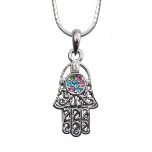 Rhodium Pendant Necklace - Hamsa with Colored Stones