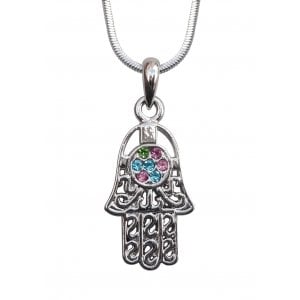 Rhodium Pendant Necklace - Hamsa with Colored Stones