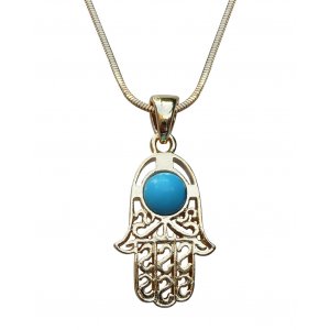 Rhodium Pendant Necklace, Filigree Hamsa with Blue Stone - Gold