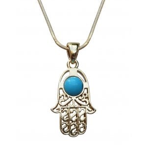 Rhodium Pendant Necklace, Filigree Hamsa with Blue Stone - Gold