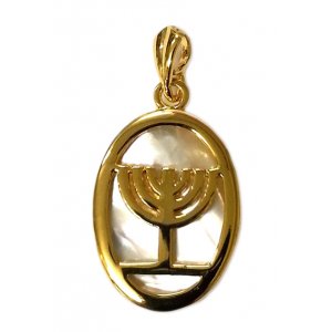 Gold Filled Mother of Pearl Menorah Pendant Necklace
